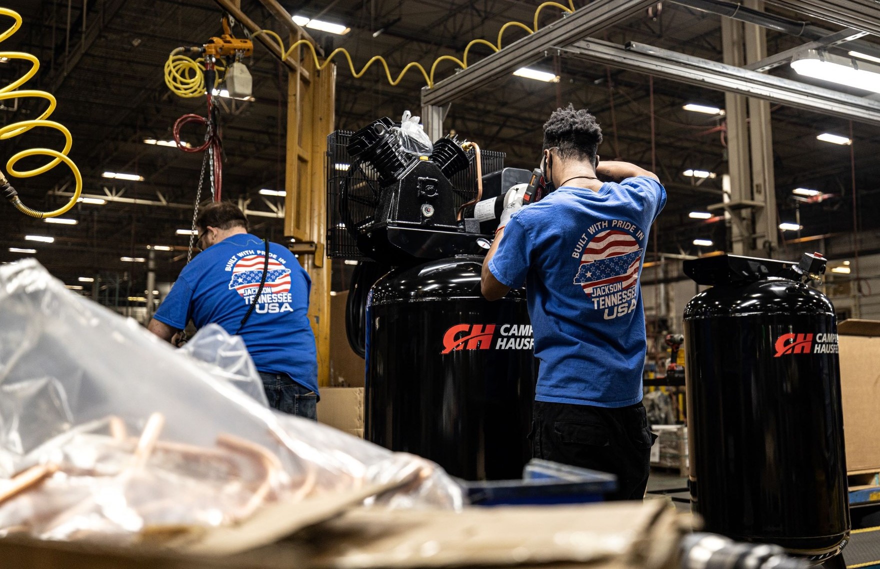 MAT Industries team members assembling Campbell Hausfeld air compressors at the Jackson, Tennessee plant