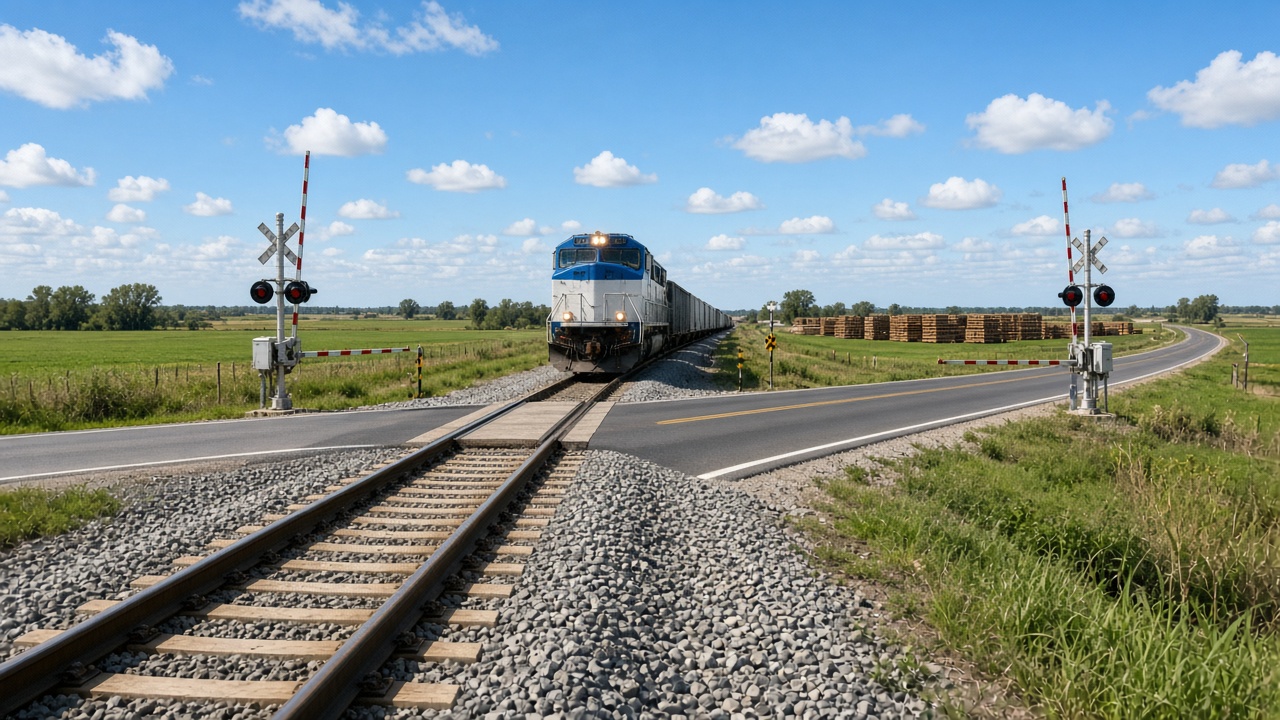 Freight train and railroad crossing in a rural West Tennessee agricultural and industrial corridor
